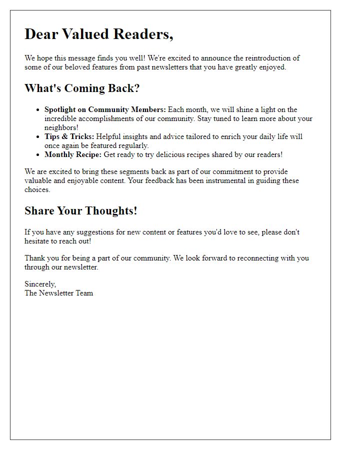 Letter template of reintroducing past newsletter features.