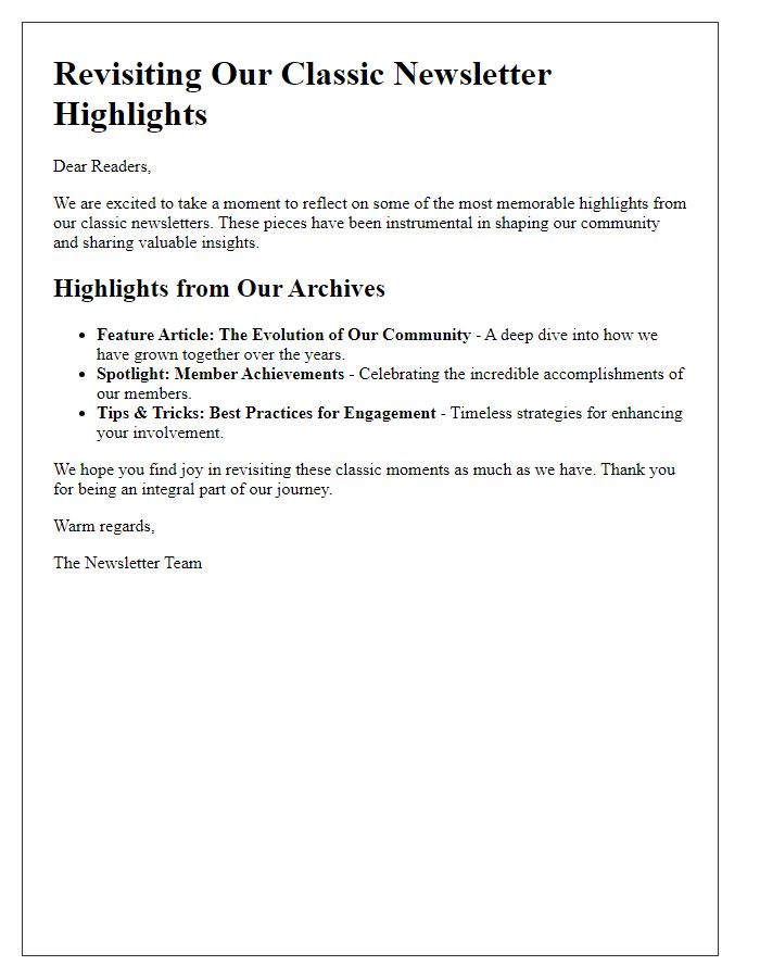 Letter template of revisiting classic newsletter highlights.