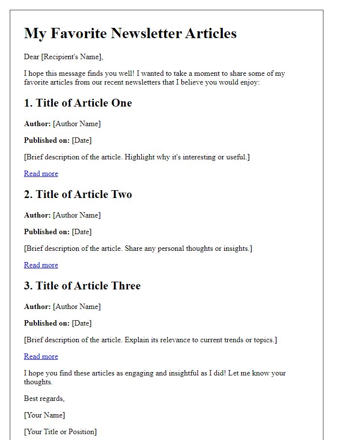 Letter template of showcasing favorite newsletter articles.