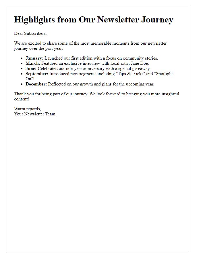 Letter template of Highlights from Our Newsletter Journey