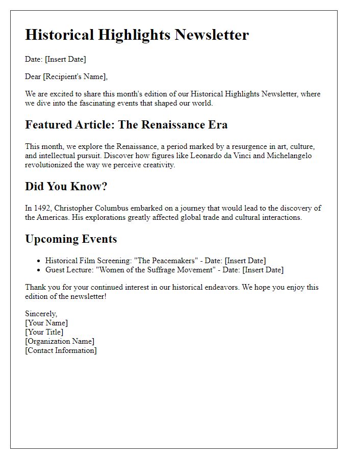 Letter template of Historical Highlights Newsletter Sharing