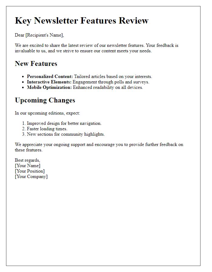 Letter template of Key Newsletter Features Review