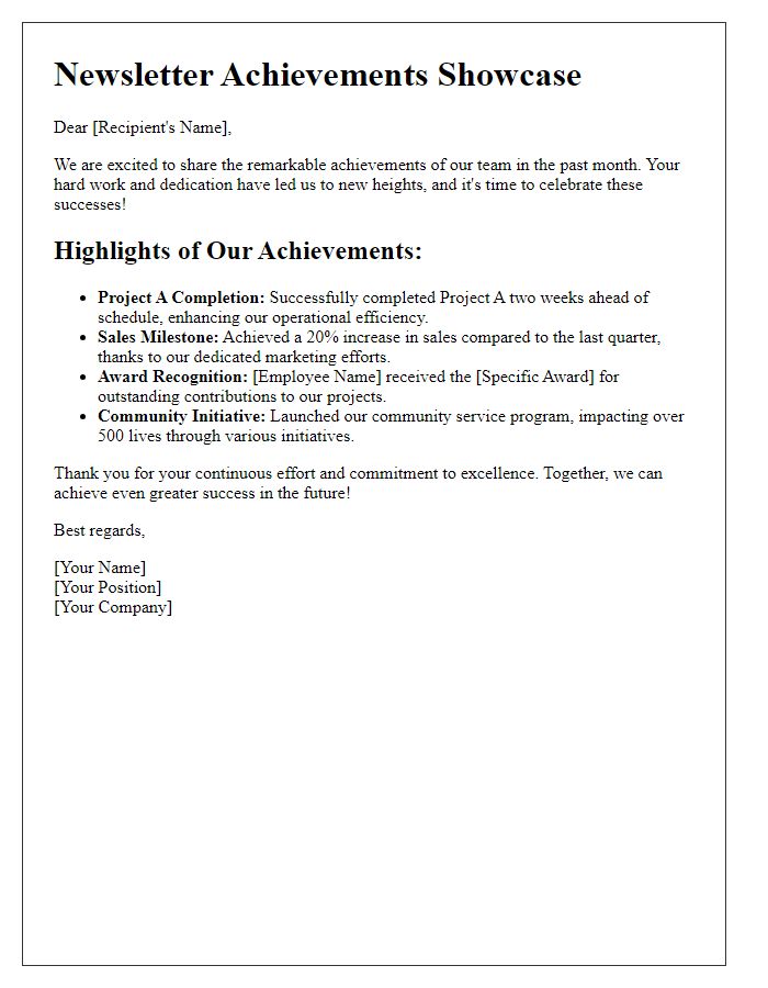 Letter template of Newsletter Achievements Showcase