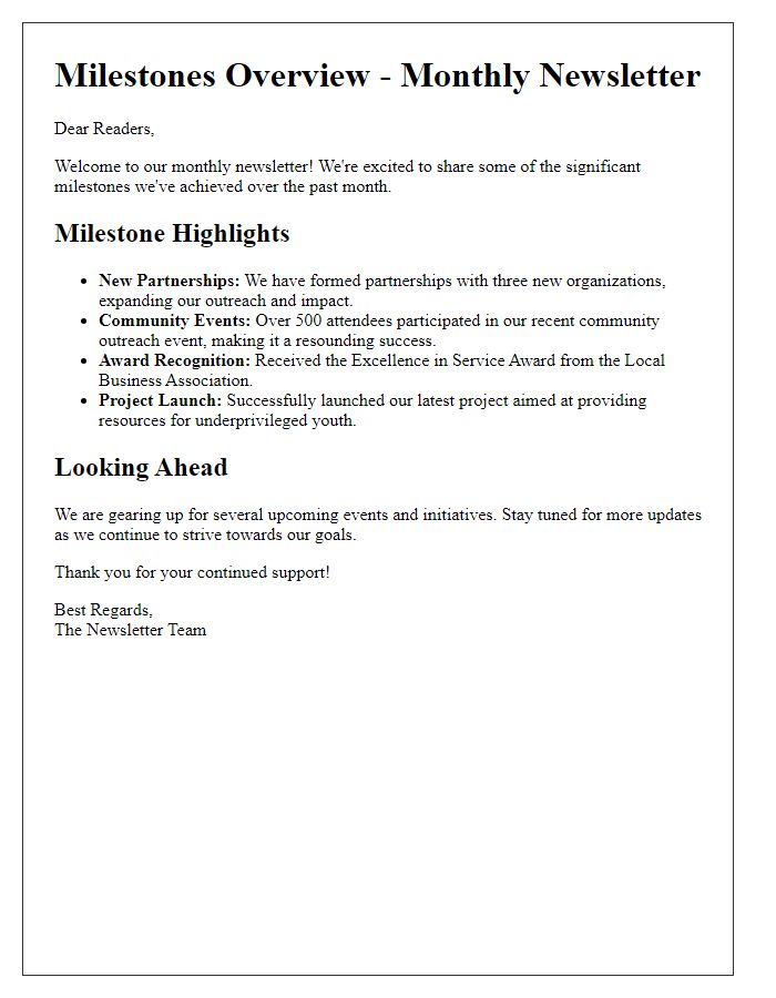 Letter template of Newsletter Milestones Overview