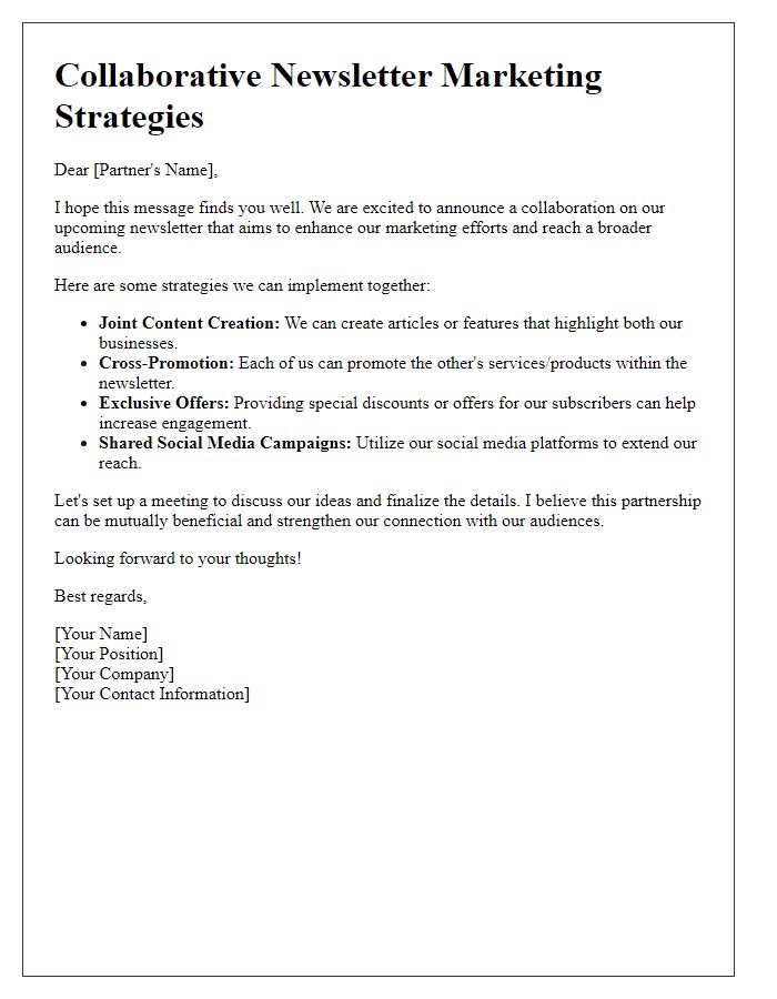 Letter template of collaborative newsletter marketing strategies.