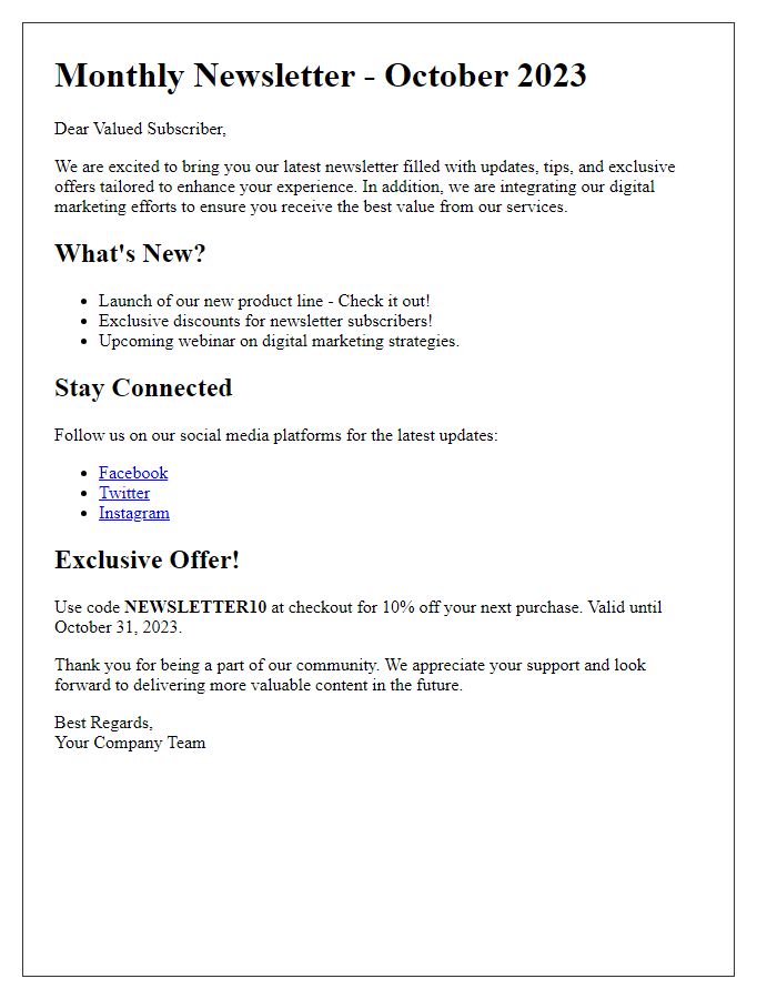 Letter template of combining newsletters with digital marketing efforts.