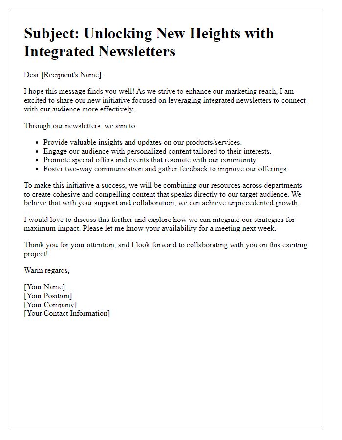 Letter template of enhancing marketing reach through integrated newsletters.