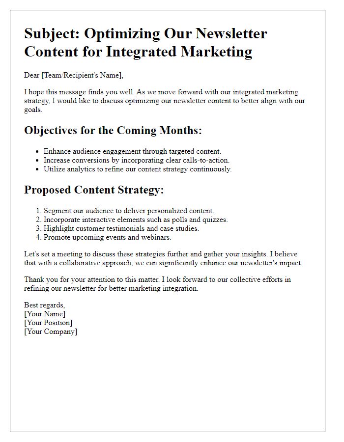 Letter template of optimizing newsletter content for integrated marketing.