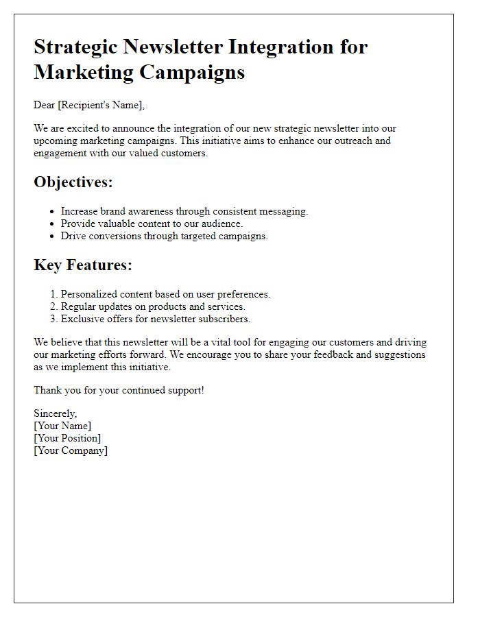 Letter template of strategic newsletter integration for marketing campaigns.