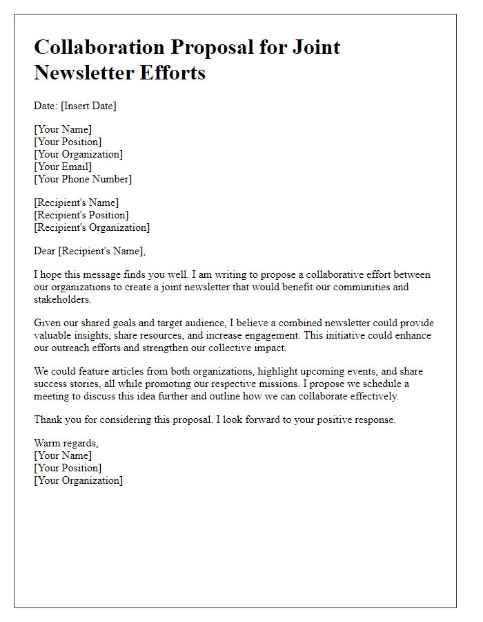 Letter template of collaboration proposal for joint newsletter efforts.