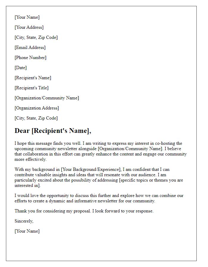 Letter template of interest in co-hosting a community newsletter.