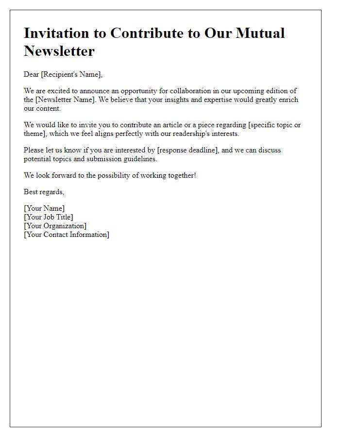 Letter template of invitation for mutual newsletter contribution opportunities.