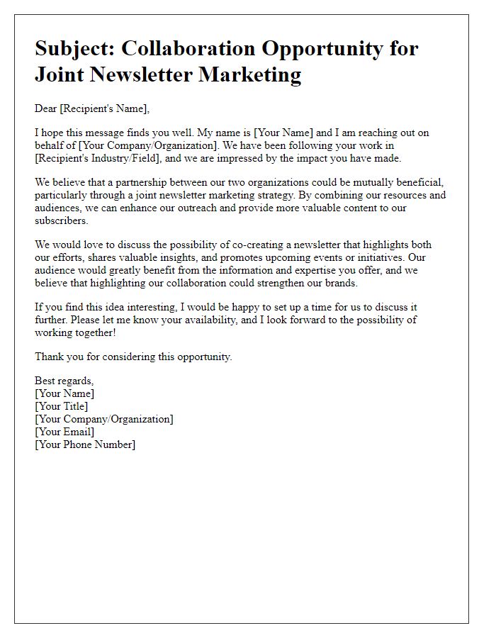 Letter template of outreach for joint newsletter marketing strategies.