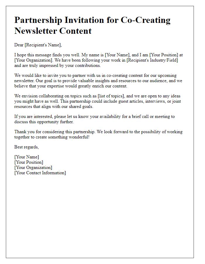 Letter template of partnership invitation for co-creating newsletter content.