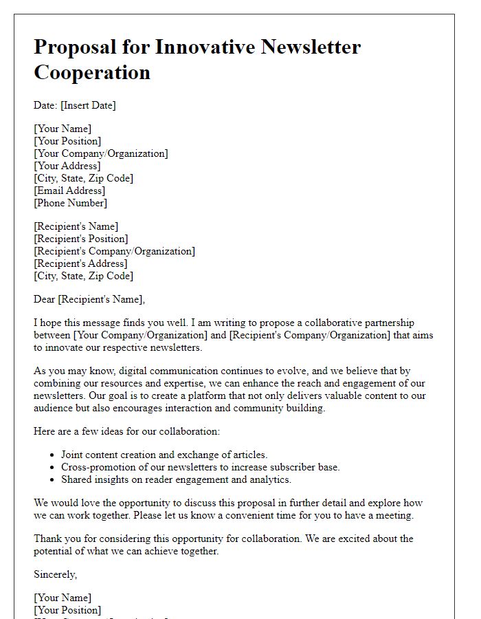 Letter template of proposal for innovative newsletter cooperation.