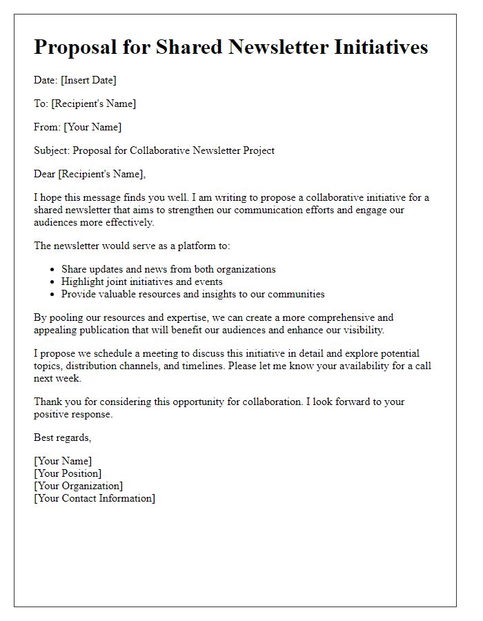 Letter template of proposal for shared newsletter initiatives.