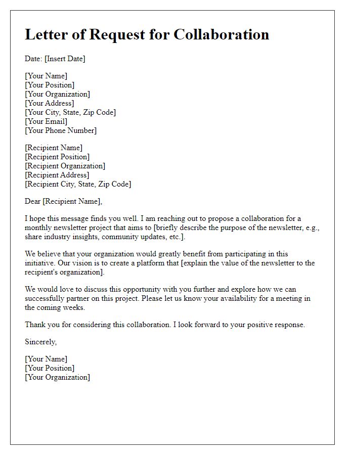 Letter template of request for collaboration on monthly newsletter project.