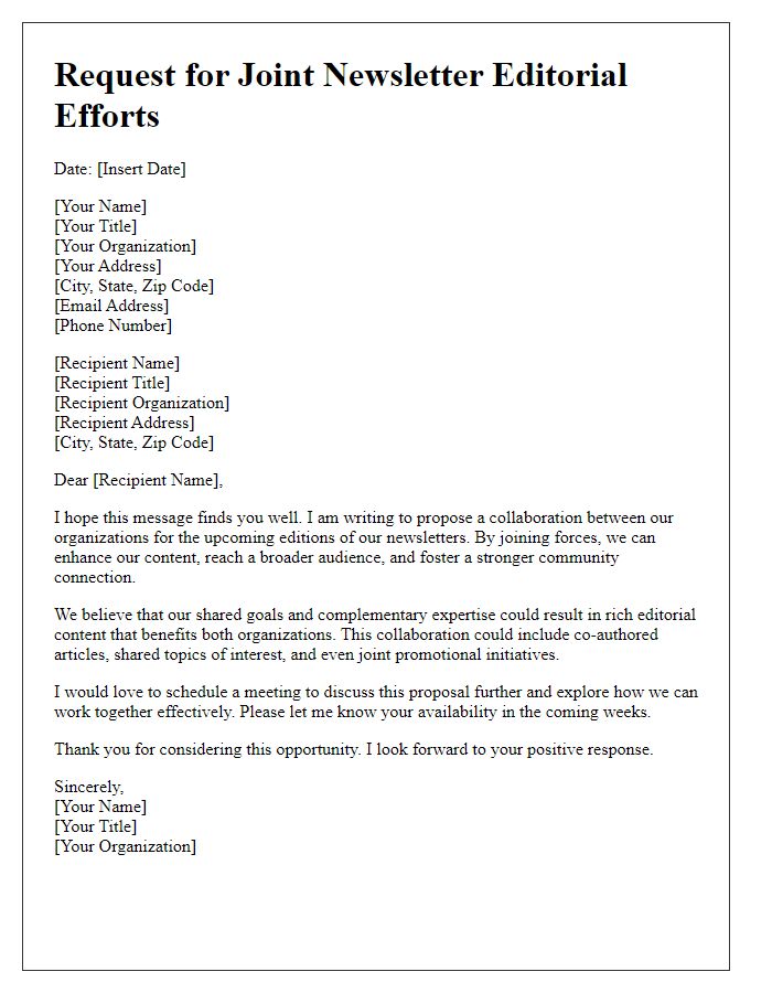 Letter template of request for engaging joint newsletter editorial efforts.