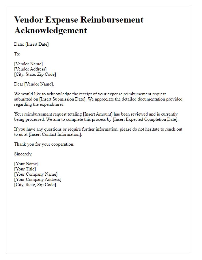 Letter template of vendor expense reimbursement acknowledgement