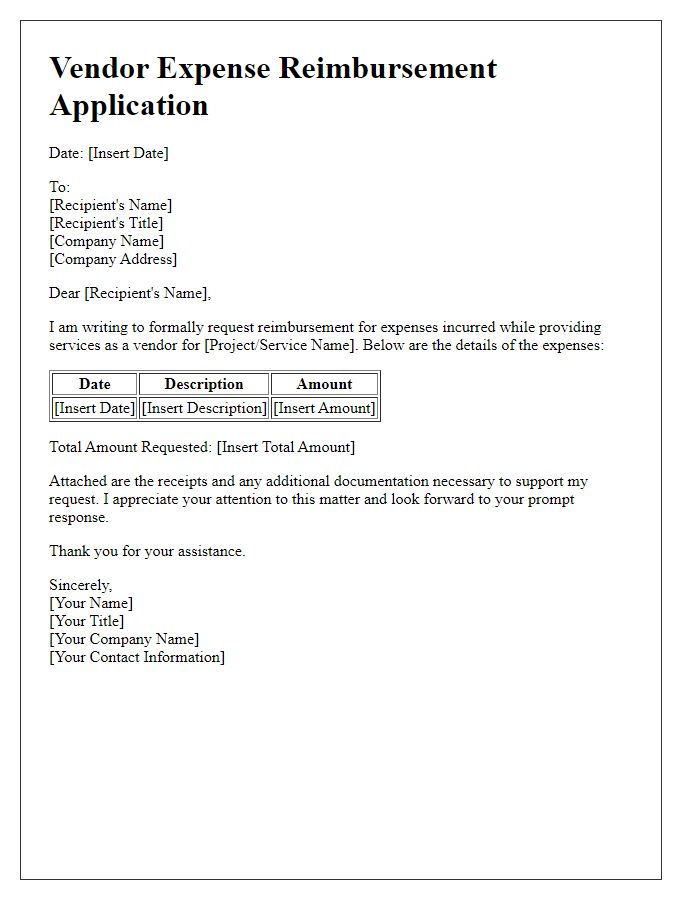 Letter template of vendor expense reimbursement application