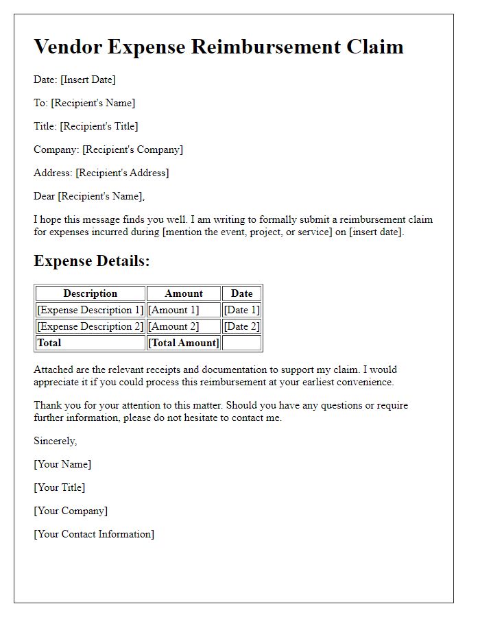 Letter template of vendor expense reimbursement claim