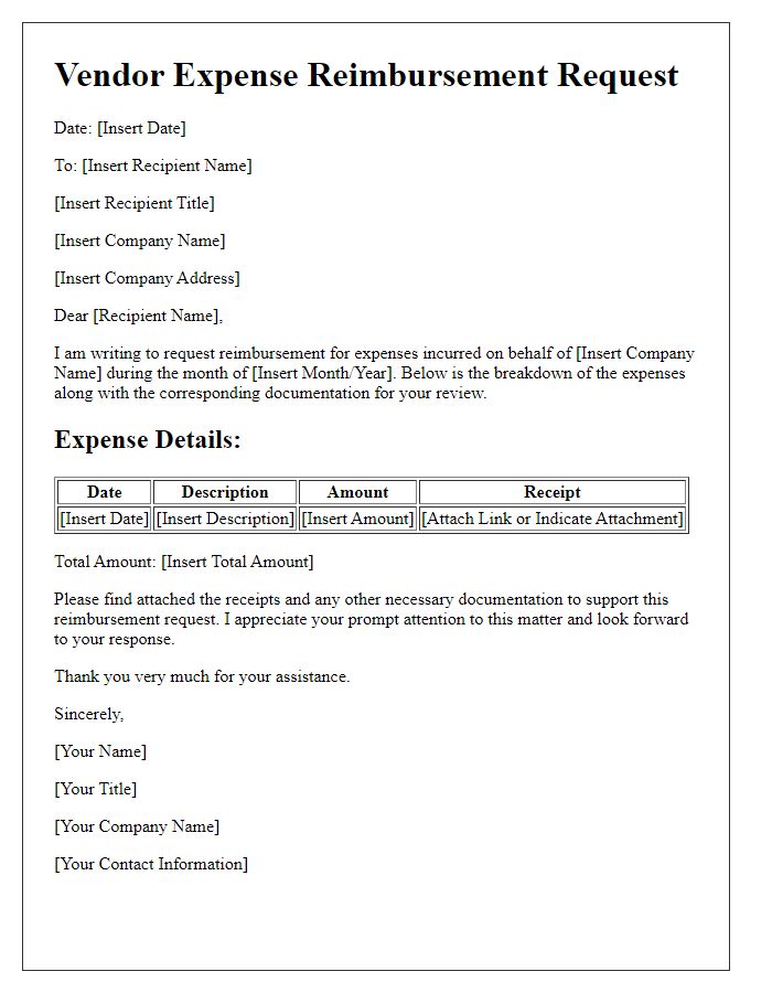 Letter template of vendor expense reimbursement documentation