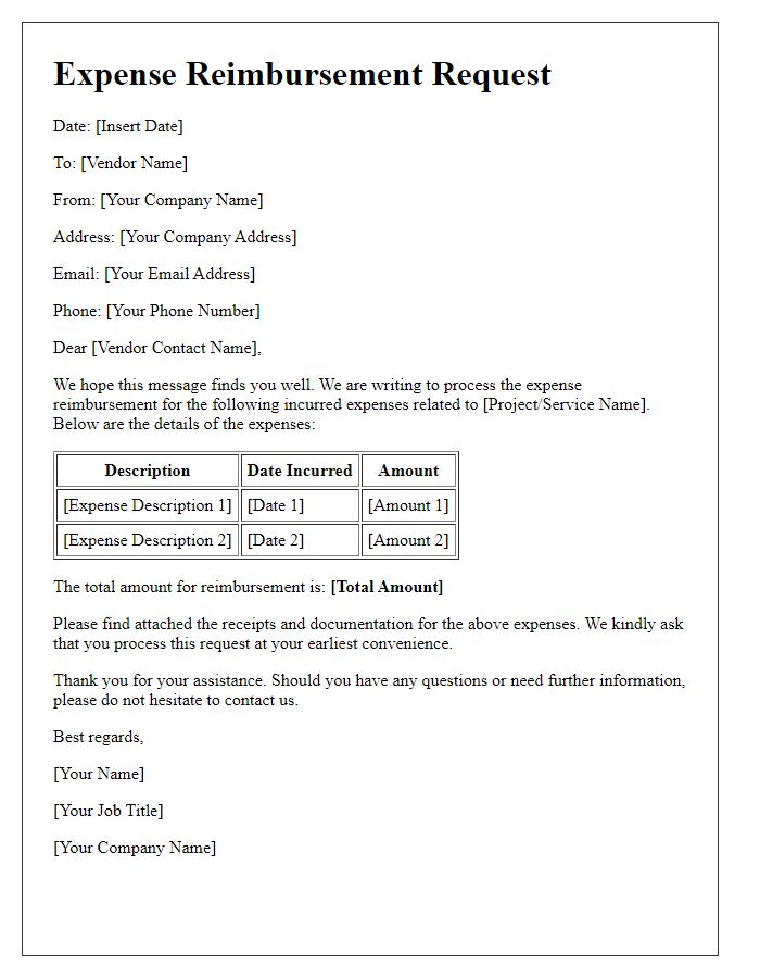 Letter template of vendor expense reimbursement processing