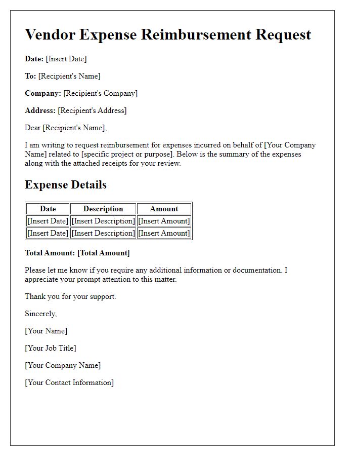 Letter template of vendor expense reimbursement request