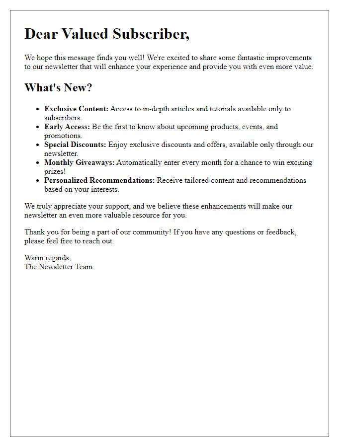 Letter template of detailing improved newsletter subscriber benefits.