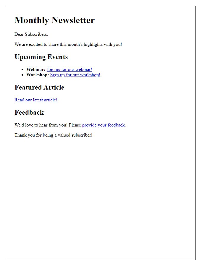 Letter template of showcasing interactive newsletter elements.