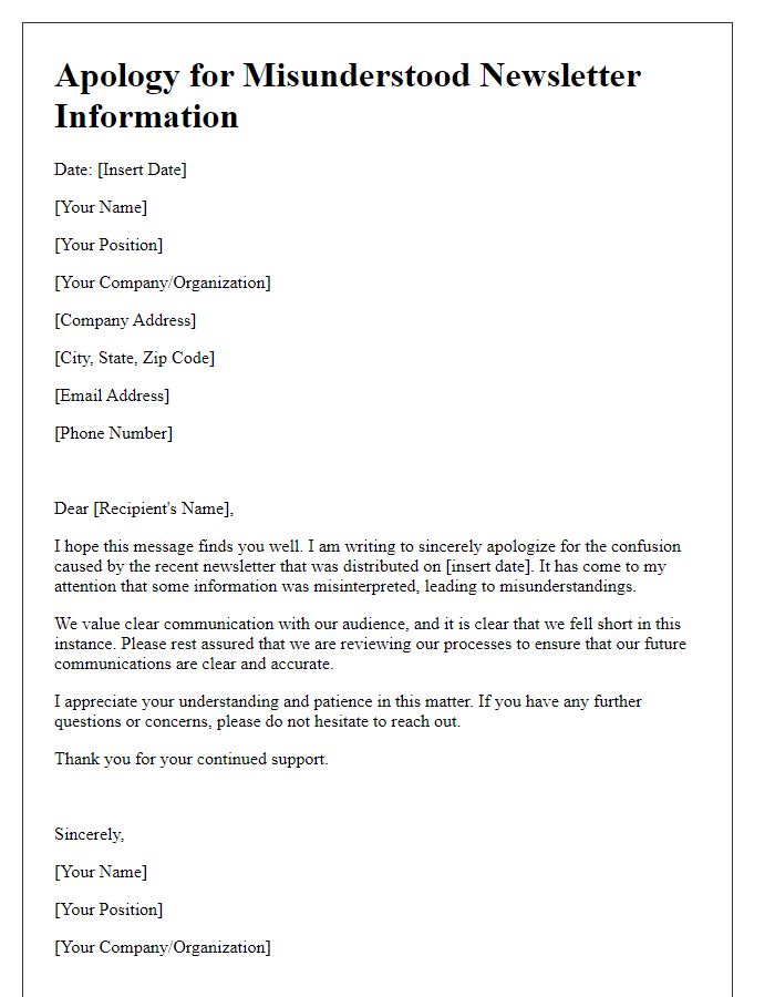 Letter template of apology for misunderstood newsletter information