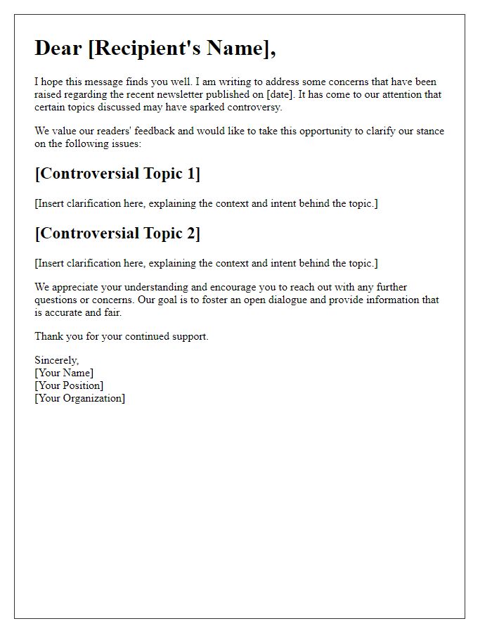 Letter template of clarification on controversial newsletter topics