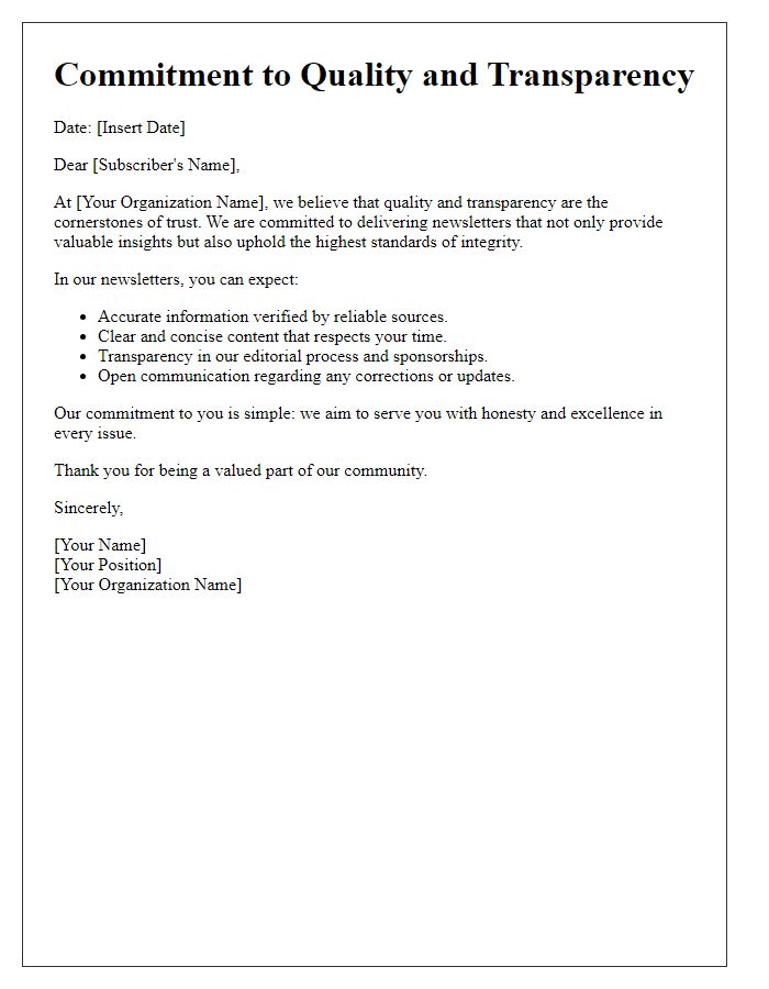 Letter template of commitment to quality and transparency in newsletters