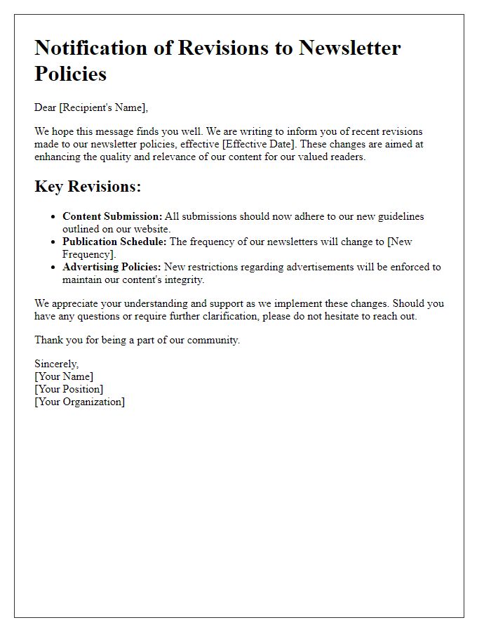 Letter template of explanation for revisions in newsletter policies