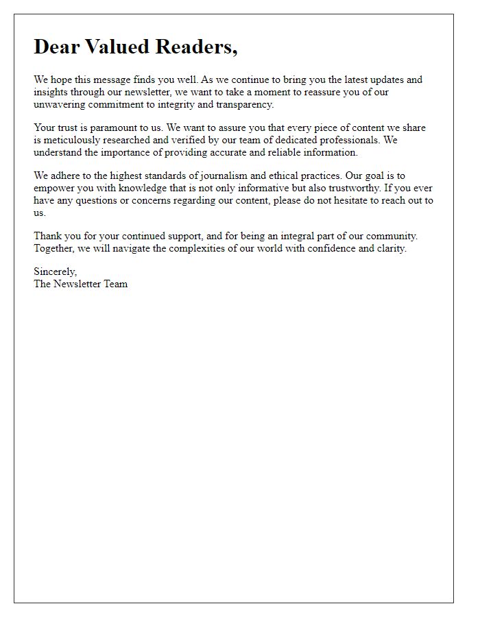 Letter template of reassurance to readers about newsletter integrity