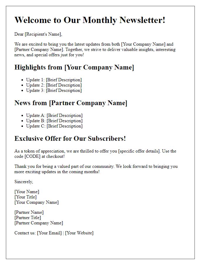 Letter template of co-branded newsletter ventures