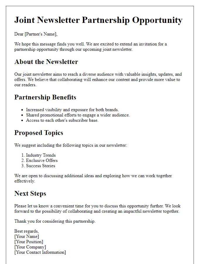 Letter template of joint newsletter partnership opportunities