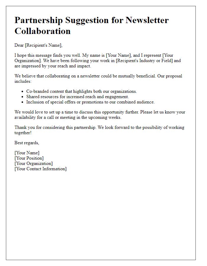 Letter template of newsletter partnership suggestions