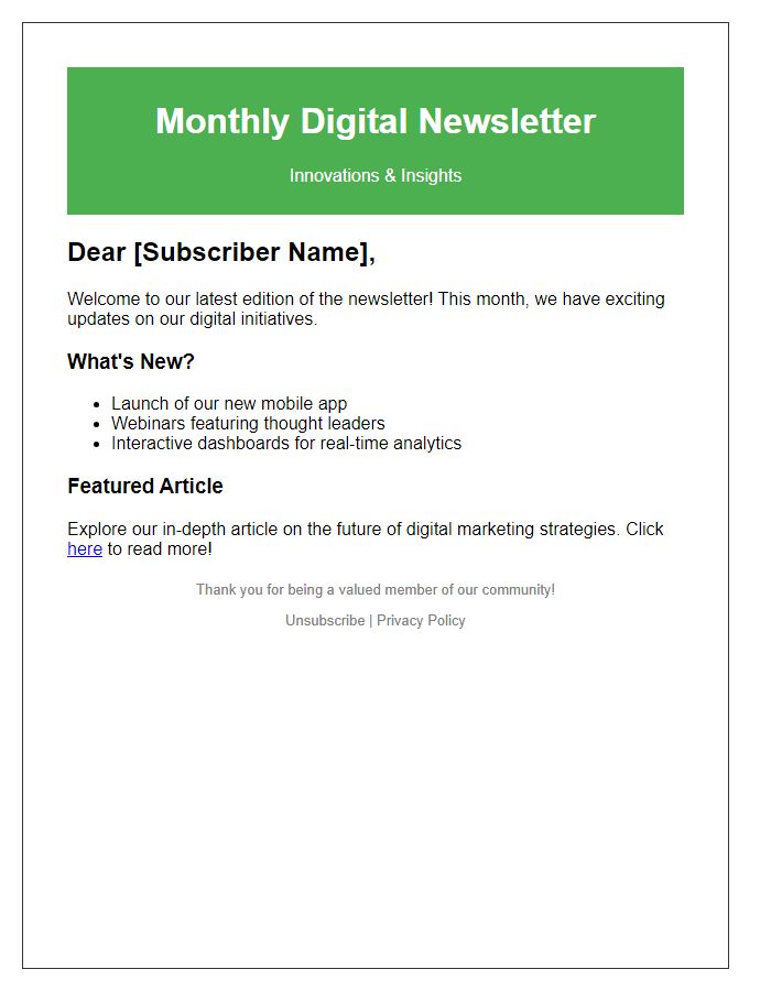 Letter template of innovative digital formats for newsletters