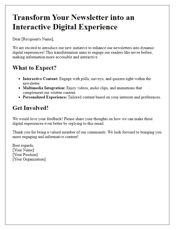 Letter template of transforming newsletters into interactive digital experiences