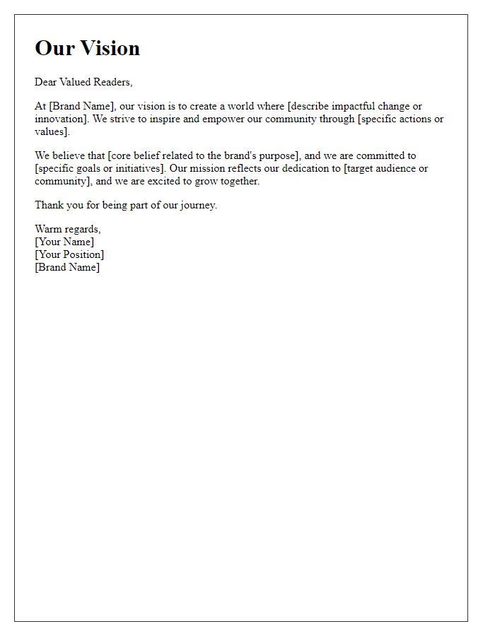 Letter template of newsletter vision statement for brand awareness.