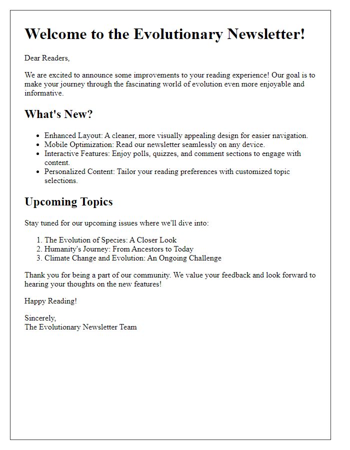 Letter template of the evolutionary newsletter's improved reading experience