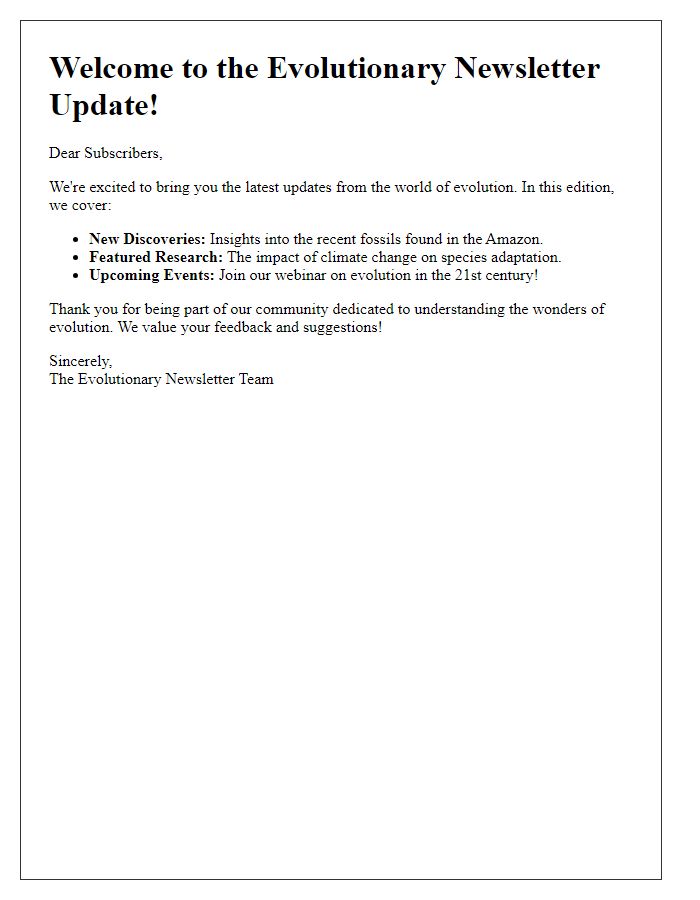 Letter template of evolutionary newsletter updates for subscribers