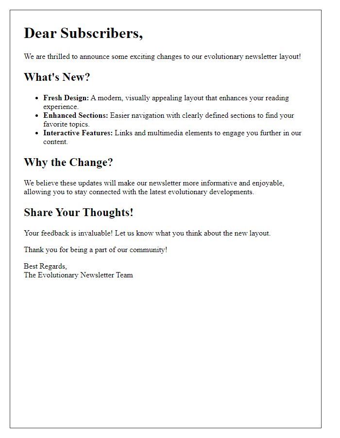 Letter template of exciting changes in our evolutionary newsletter layout