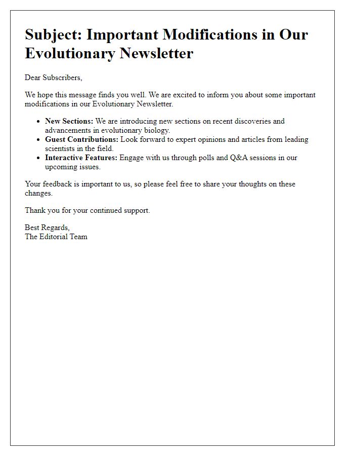 Letter template of important modifications in our evolutionary newsletter