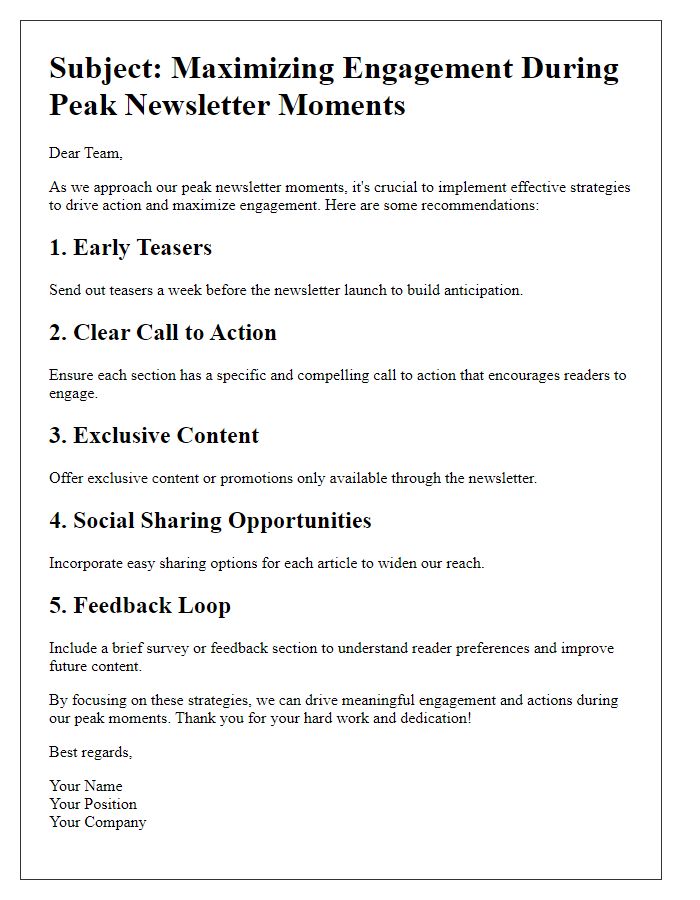 Letter template of ways to drive action during peak newsletter moments