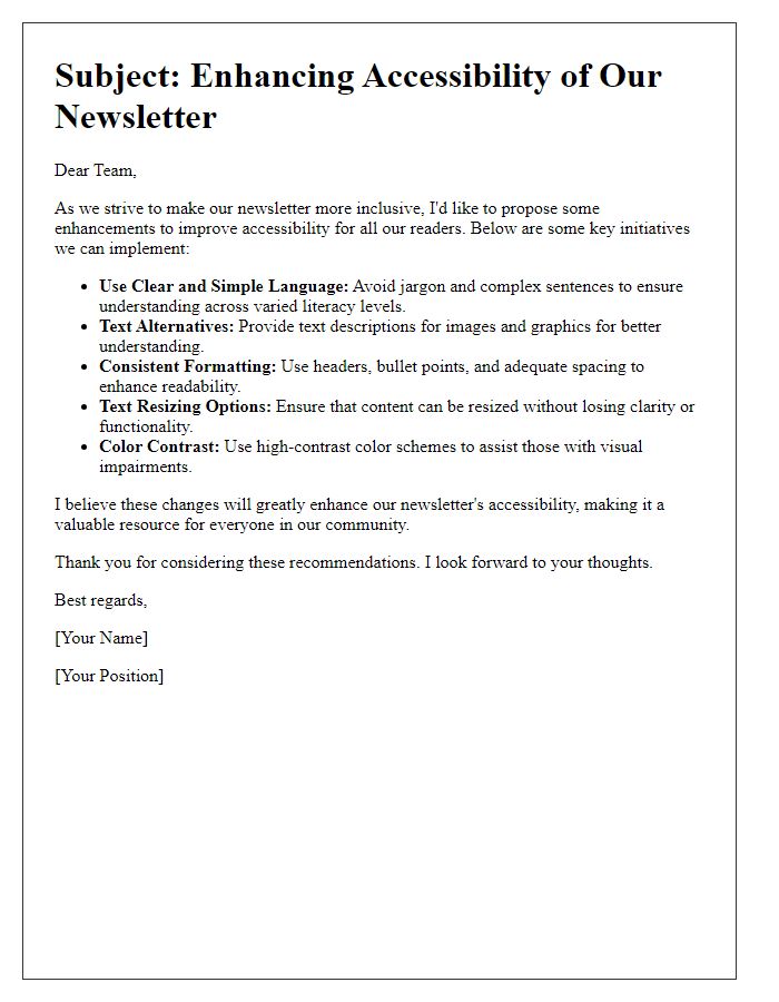 Letter template of enhancing newsletter accessibility for varied audiences