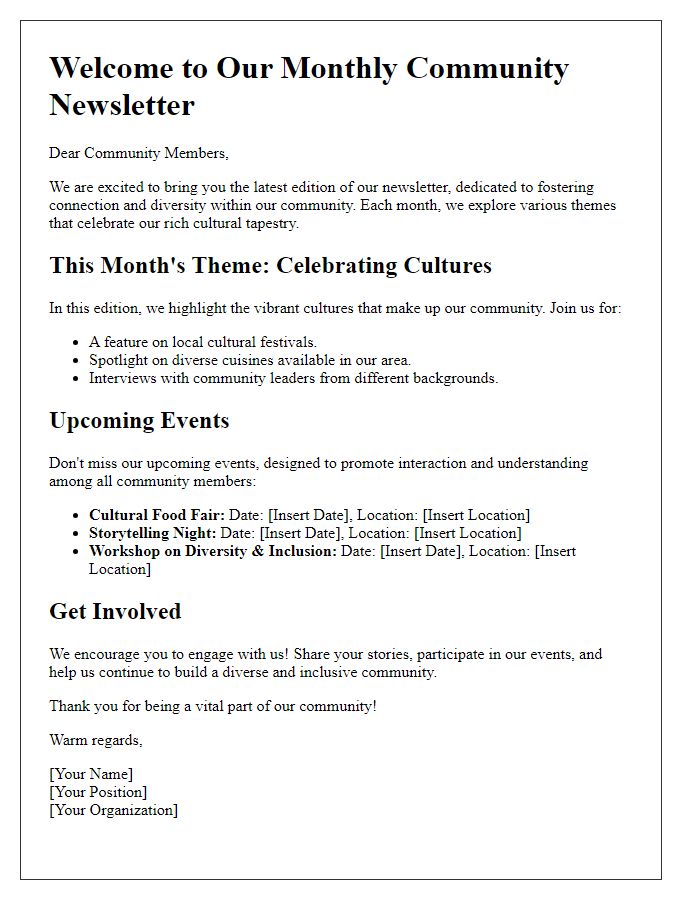 Letter template of fostering community through diverse newsletter themes