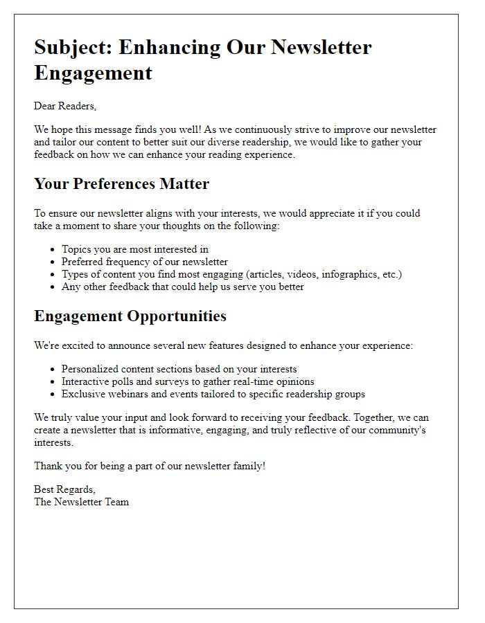 Letter template of optimizing newsletter engagement across multiple readership groups