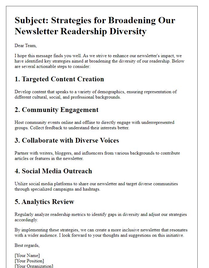 Letter template of strategies for broadening newsletter readership diversity